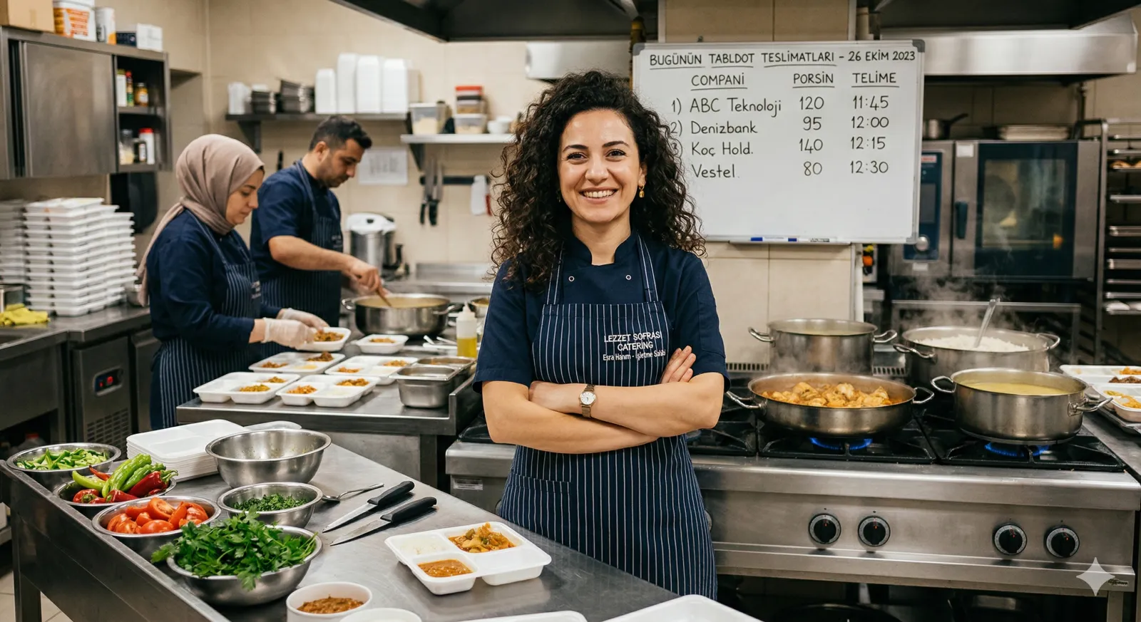 Catering firması sahibi mutfakta güvenle poz veriyor