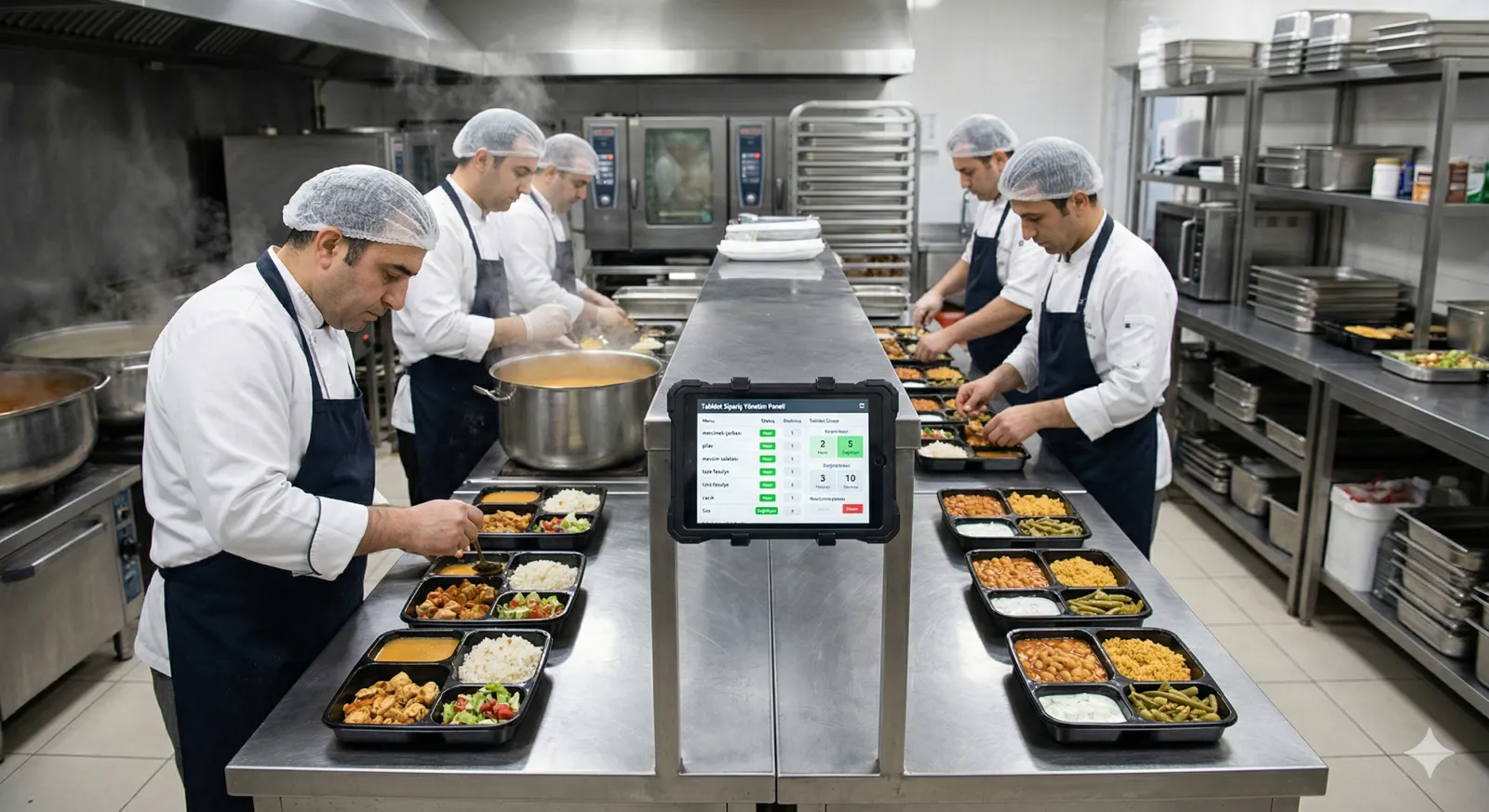 Catering firması mutfağında üretim hazırlığı